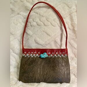 KurtMen Dark Green and Red Embossed Leather Shoulder Bag with Turquoise Nugget